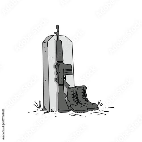 Military tribute: rifle, combat boots, and cemetery headstone in black and white illustration – stock vector flat illustration