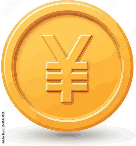 Golden coin with a yen symbol on a white background, close-up with a slight shadow underneath.