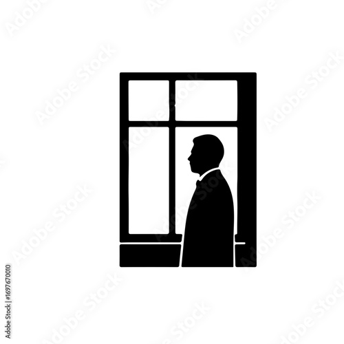 A serene, black and white icon of a person looking out a window with raindrops trickling down the glass. This evocative image captures the quiet, reflective moments often cherished by introverts