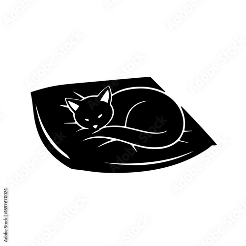 A soothing black and white icon of a cat curled up peacefully on a pillow. This image beautifully captures the essence of tranquility and comfort in solitude