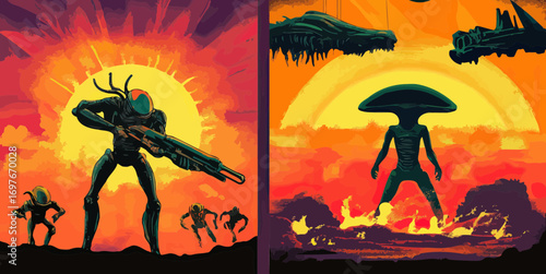 Alien invasion soldiers with futuristic weapons and ominous giant creatures standing against dramatic orange sunset sky apocalyptic battle scene vector illustration