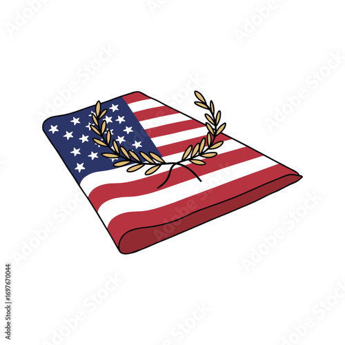 Illustrated folded american flag with laurel wreath symbolizing honor and patriotism – stock vector flat illustration