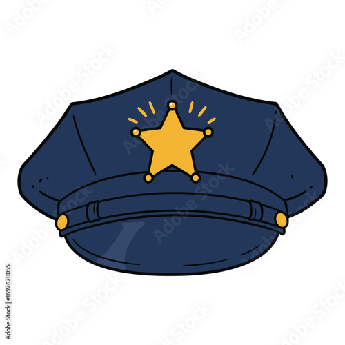 Blue police officer hat with yellow star emblem – stock vector flat illustration