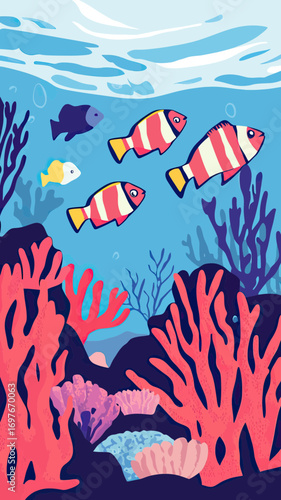 Colorful tropical fish swimming among vibrant coral reef underwater with blue water surface and bubbles flat vector illustration background