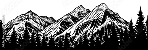 Black and white woodcut style vector illustration of mountain range with pine forest silhouette and textured peaks landscape design artwork