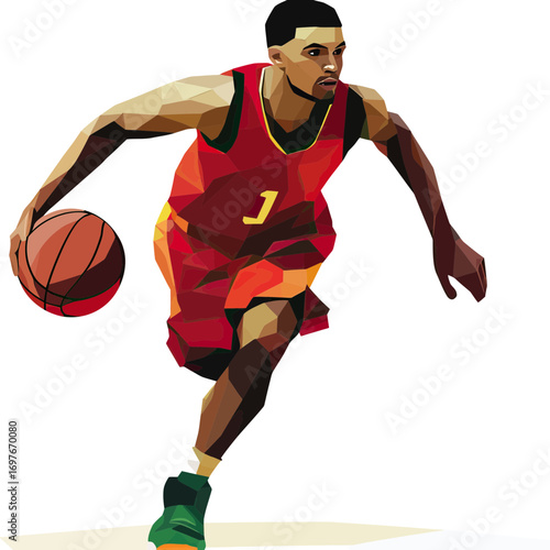 Polygonal basketball player dribbling ball in dynamic pose wearing red uniform and green shoes geometric sports vector illustration