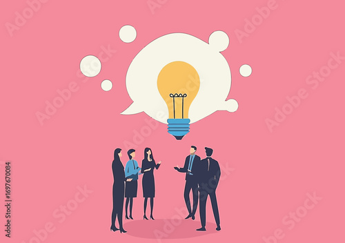 Business people team discussion with speech bubble and lightbulb symbolizing idea generation and creative brainstorming pink background