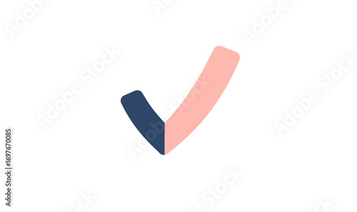 Minimalist check mark icon with contrasting pink and navy blue colors on white background symbolizing confirmation approval and success concept vector illustration