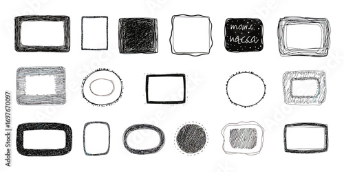 Set of hand drawn black and white doodle frames and borders with rectangular, square, oval, and circular shapes in sketchy pen style for text decoration or design elements vector illustration