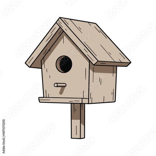 Rustic wooden birdhouse with perch and sloped roof – stock vector flat illustration