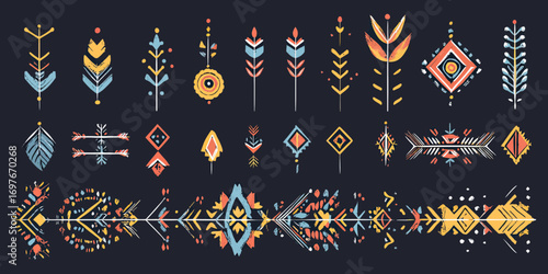 Hand drawn traditional folk motif ethnic arrow pattern set with geometric boho decorations in pastel colors on dark background vector illustration