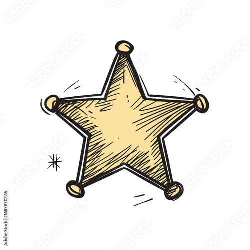 Hand drawn gold sheriff star badge sketch with shading and highlights in doodle cartoon style for western law enforcement symbol illustration