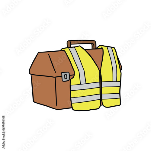 Brown toolbox with yellow safety vest – stock vector flat illustration