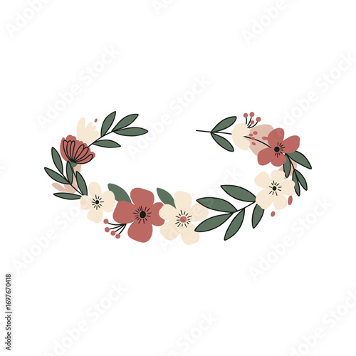 Elegant floral wreath with red and white blooms and green leaves – stock vector flat illustration