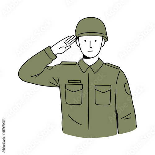 Cartoon soldier saluting in olive green uniform – stock vector flat illustration