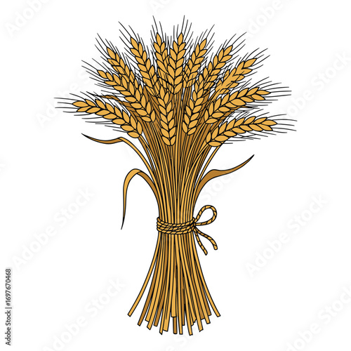 Golden wheat sheaf illustration with stalks and grains tied together – stock vector flat illustration