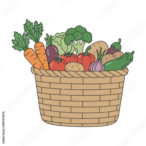Basket of fresh vegetables with carrots, tomatoes, and greens – stock vector flat illustration