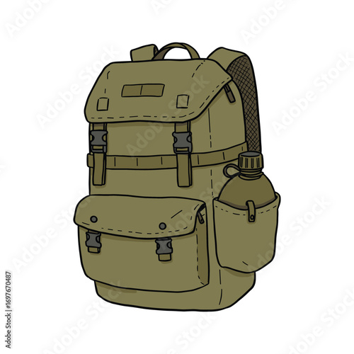 Olive green hiking backpack with water bottle pocket and adjustable straps – stock vector flat illustration