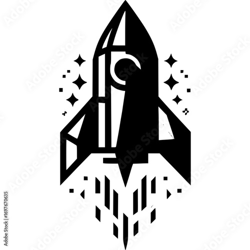 Rocket to the Stars: A stylized, monochromatic illustration depicts a rocket ship soaring towards a field of twinkling stars, capturing the essence of ambition and innovation. 
