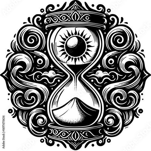 Time's passage revealed: An intricately designed hourglass, adorned with celestial elements, symbolizes the relentless flow of time and its profound impact on all aspects of existence.