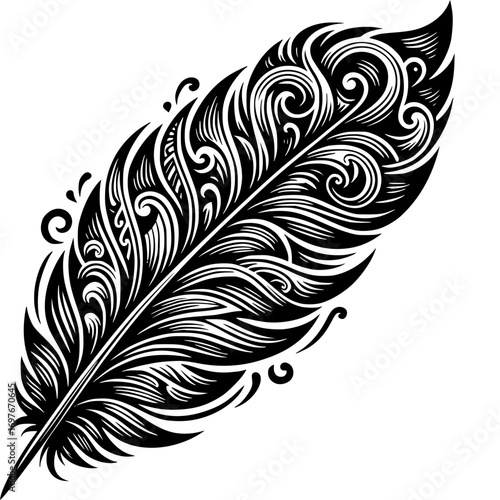 Intricate Feather Illustration: A detailed, artistic rendition of a single feather, rendered in a monochrome style, showcasing exquisite patterns and textures.
