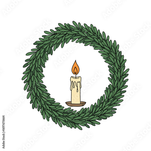 Green laurel wreath with lit candle in center – stock vector flat illustration
