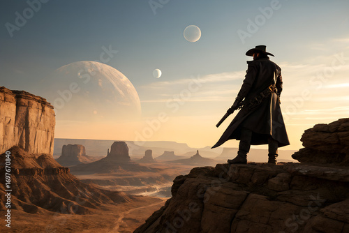 Space ranger in dark coat stands on desert cliff, overlooking surreal landscape with giant planets in the sky. Futuristic sci-fi western hero scene at sunset.