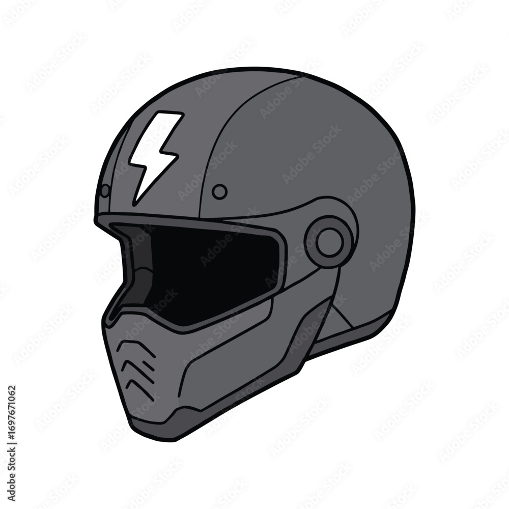 Fototapeta premium Black motorcycle helmet with lightning bolt design and visor – stock vector flat illustration