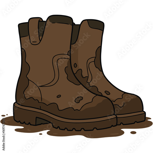 Cartoon muddy boots illustration: dirty footwear on puddle – stock vector flat illustration