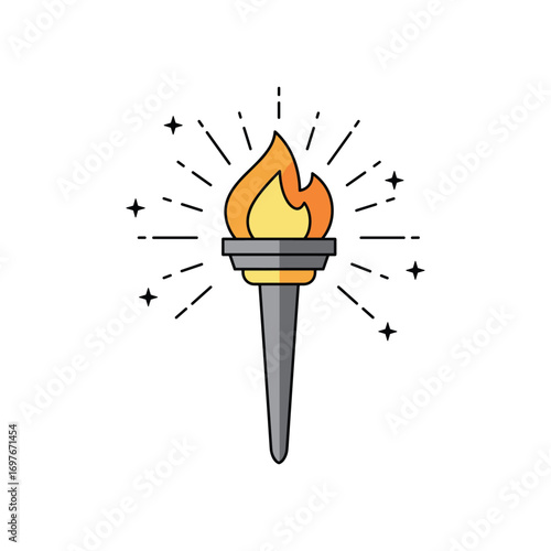 Olympic torch icon with radiating stars – stock vector flat illustration