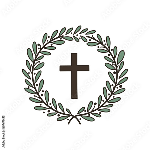 Cross emblem with olive wreath symbolizing peace and faith – stock vector flat illustration