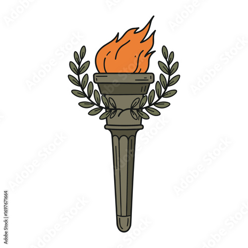 Illustrated olympic torch with flames and laurel wreath – stock vector flat illustration