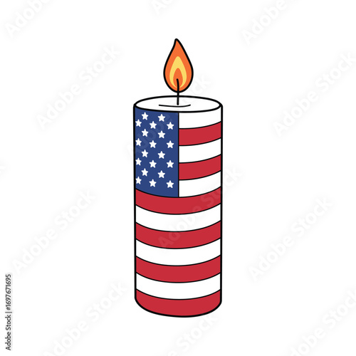 Candle with american flag design and flame symbolizing patriotism and freedom – stock vector flat illustration