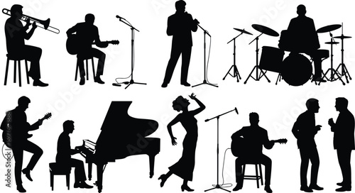 Silhouettes of jazz and classical musicians performing with instruments, including singers, pianists, drummers, and guitarists, on stage in concert