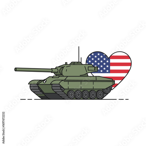 Green military tank with american flag heart symbol background – stock vector flat illustration