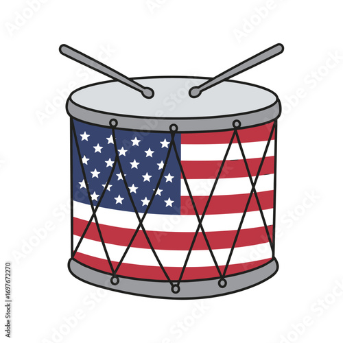 Patriotic drum with american flag design and drumsticks – stock vector flat illustration