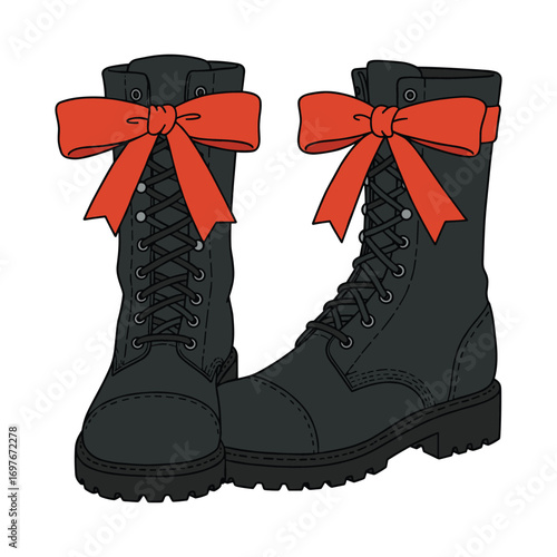 Black lace-up combat boots with red bows – stock vector flat illustration