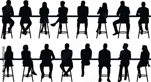 Silhouettes of people sitting on stools, socializing, thinking, waiting, talking, relaxing in office, cafe, or casual indoor environment