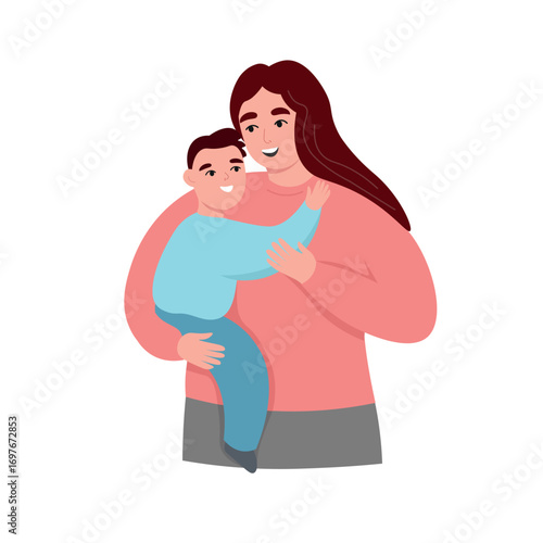 Mother holds her son in her arms. Love and care for the child. Vector flat graphics.