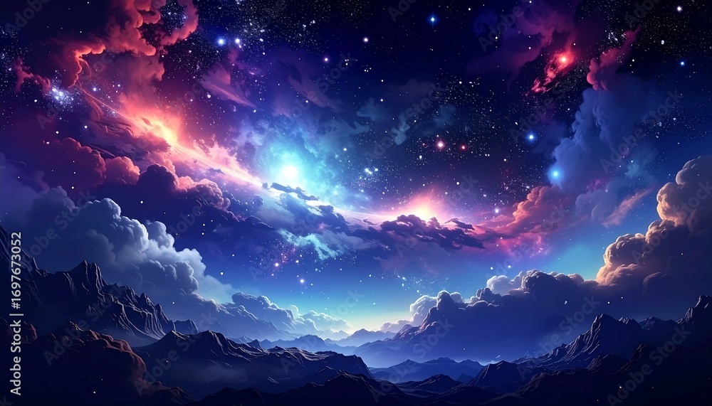 Naklejka premium Cosmic landscape of clouds and mountains