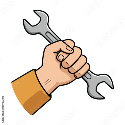 Hand holding wrench illustration in a power fist gesture – stock vector flat illustration