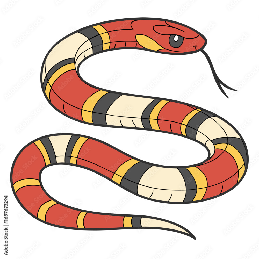 Naklejka premium Cartoon milk snake with red black and yellow bands