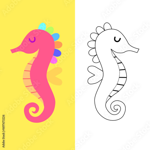 a pair of cute pink seahorse vectors in color and outline vector in EPS format