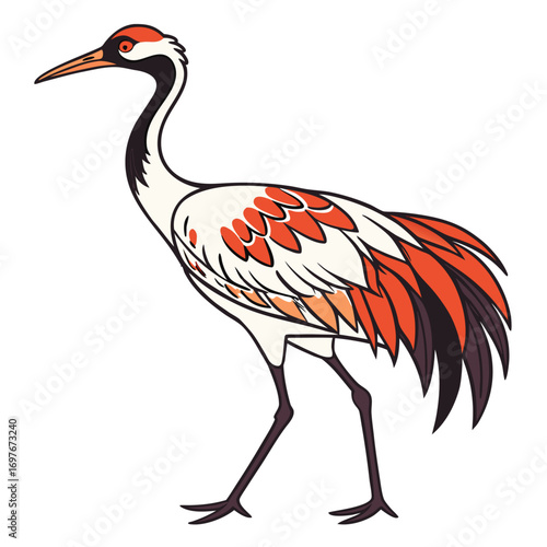 Red crowned crane bird illustration, side view