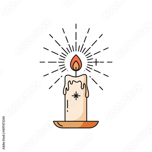 Glowing lit candle with melting wax and radiant lines – stock vector flat illustration