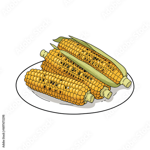 Illustration of grilled corn on the cob on a plate – stock vector flat illustration