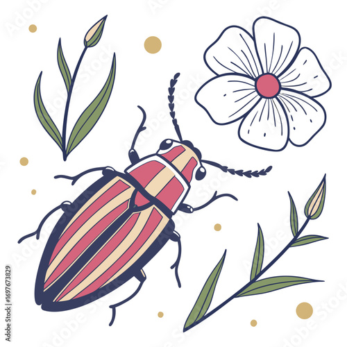 Hand drawn illustration of a jewel beetle with flower