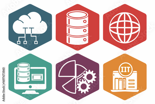 Hexagonal icons representing cloud computing, database, and web technologies