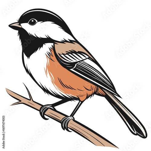 Illustration of a chickadee bird perched on a branch