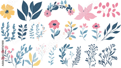 Collection of delicate watercolor floral elements and botanical illustrations for design projects